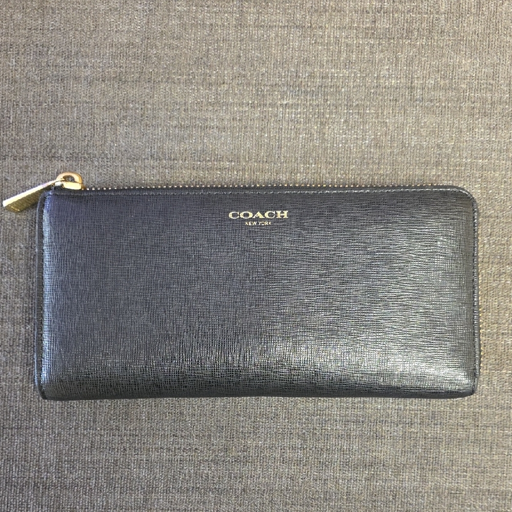 Coach Black Leather Wallet with Gold Zipper